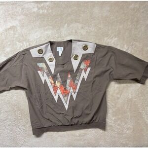 Vintage Regal 80s Grommet Studded Blouson Blouse Taupe Brown Geometric XL USA